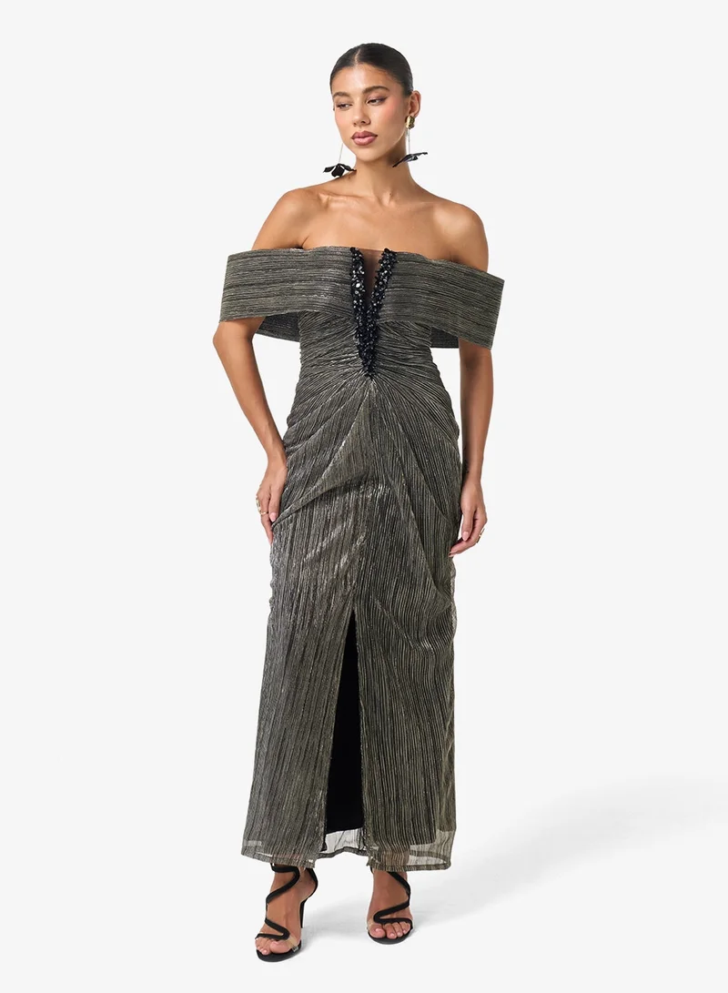 Threadz by Ajooni  Shimmer Off Shoulder Maxi Dress for Women | Best Price UAE